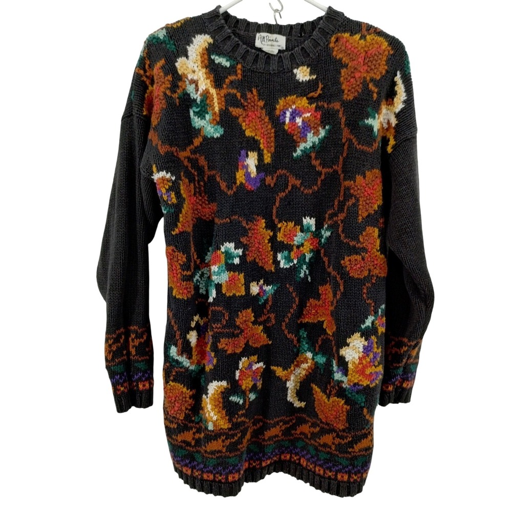 Vintage Tunic Sweater Women's Size Large‎ Black Floral Knit Ramie Cotton 90s